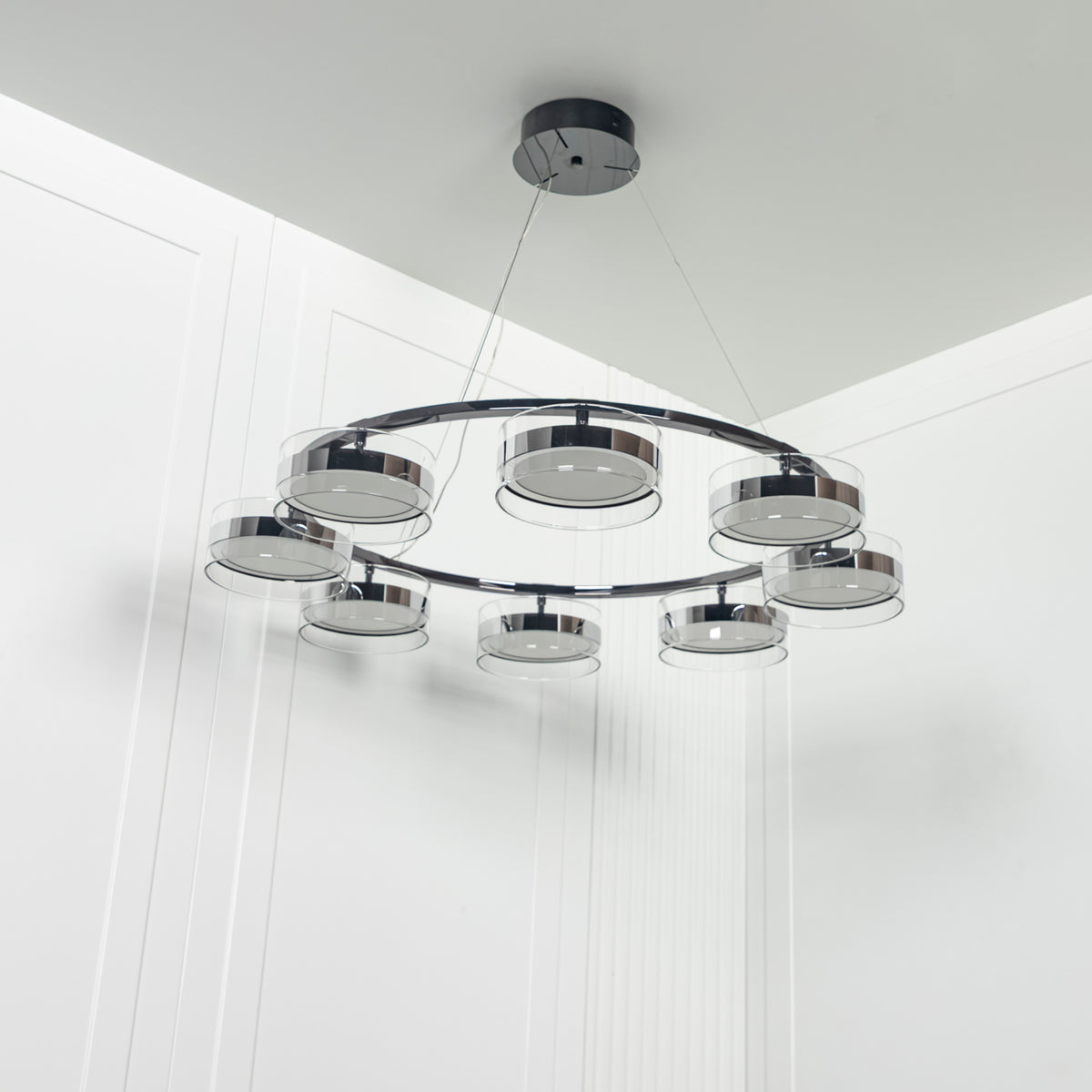 Berlin 8-Piece Platinum Stainless Transparent Glass Chandelier