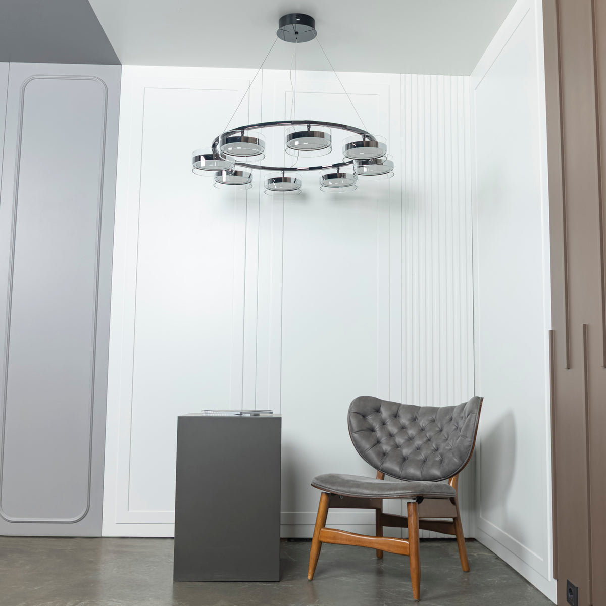 Berlin 8-Piece Platinum Stainless Transparent Glass Chandelier
