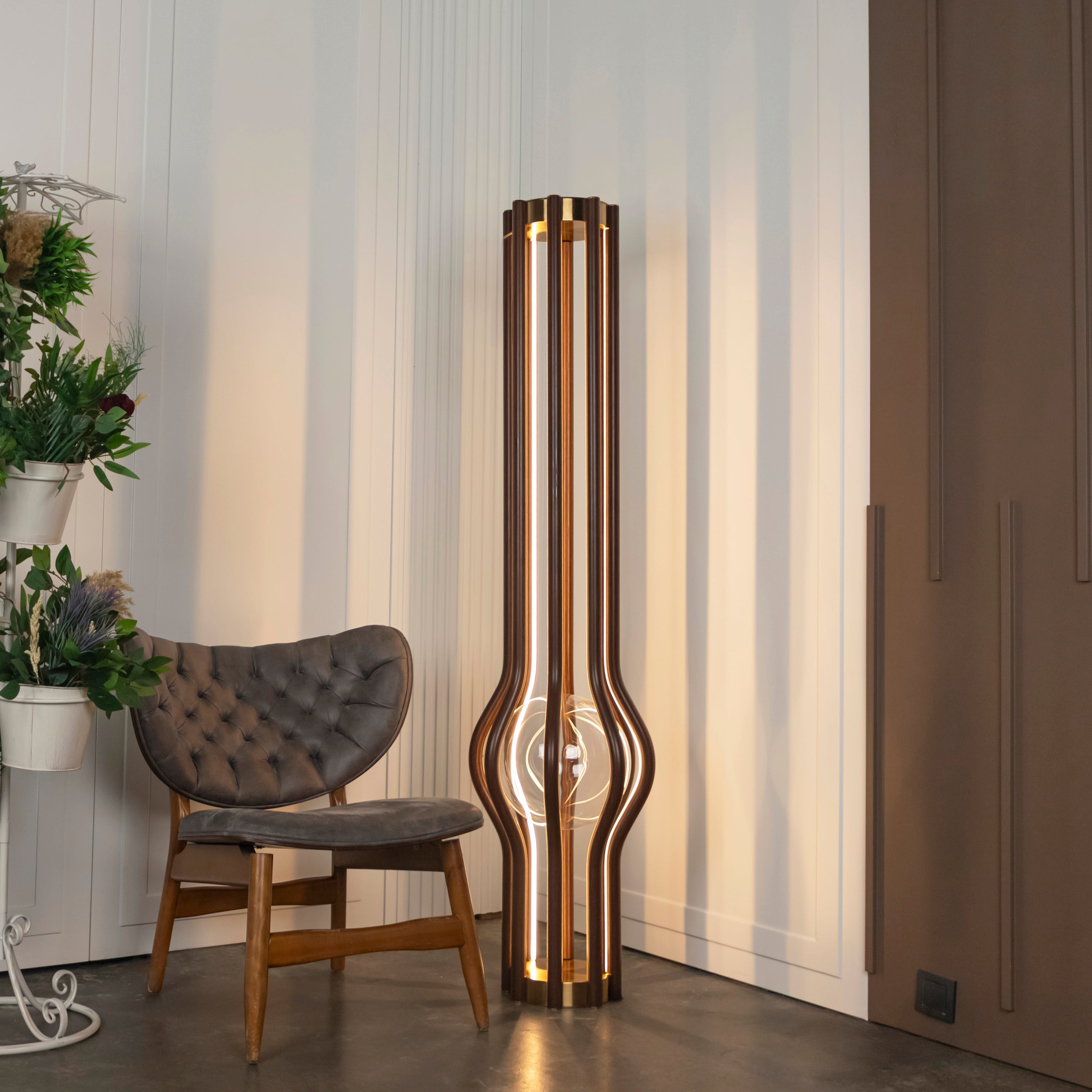 Naramata Wood Brushed Brass Brown Floor Lamp - Heka Lighting & Trading Limited