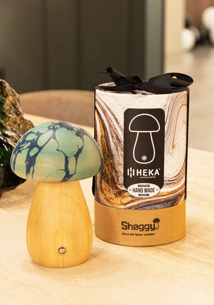 Shaggy Blue Ebru Wood Mushroom Table Lamp - Heka Lighting & Trading Limited