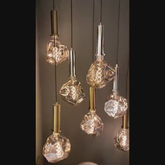 Modern Irregular Chandelier Pendant Lighting, Smoky Silver & Amber Blown Glass Dimmable Lamp