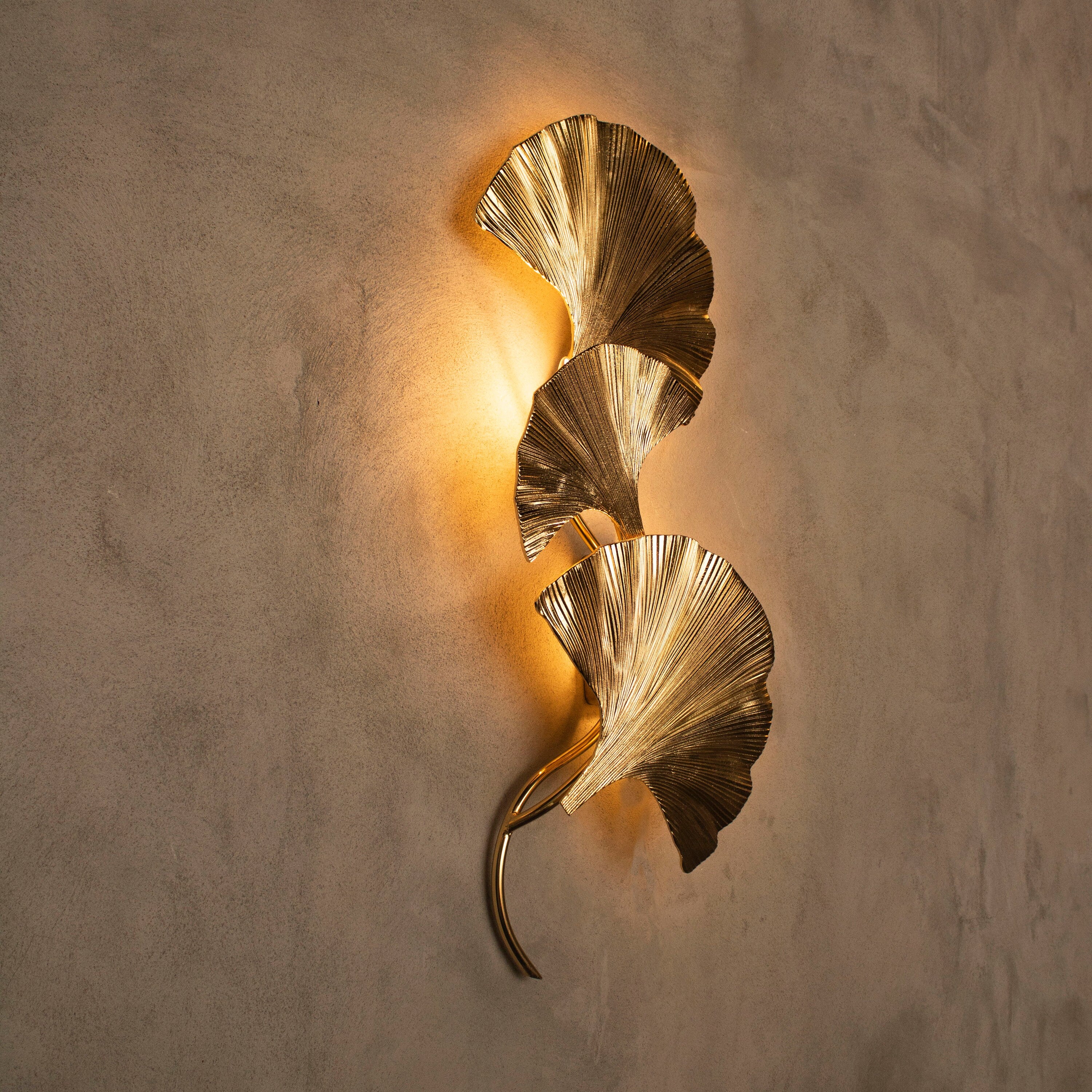 Astara Mid Century Triple Ginkgo Leaf Wall Sconce, Handmade Gold Lamp, Home Decor Lighting, Art Deco Wall Art Light - Heka Lighting & Trading Limited