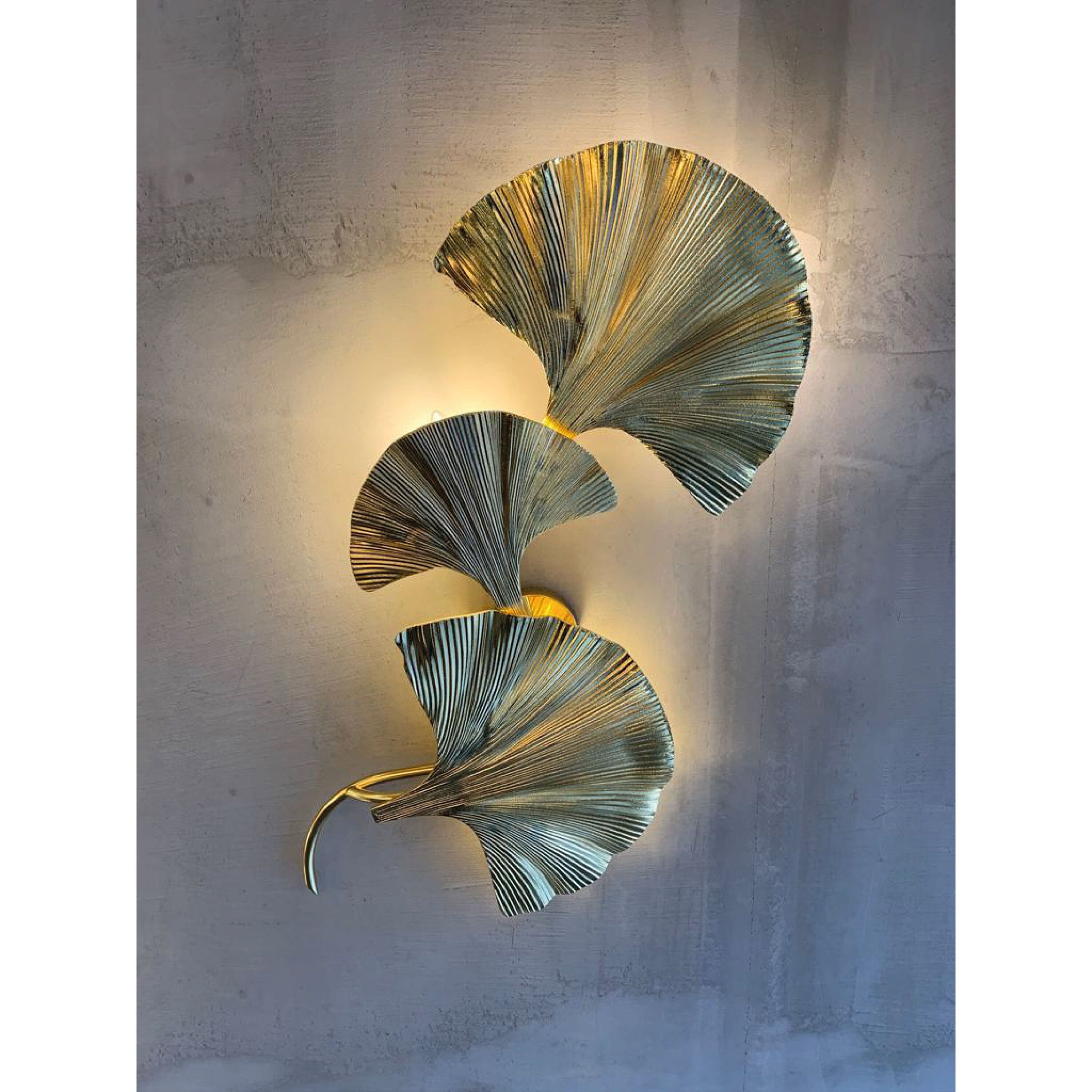 Astara Mid Century Triple Ginkgo Leaf Wall Sconce, Handmade Gold Lamp, Home Decor Lighting, Art Deco Wall Art Light - Heka Lighting & Trading Limited