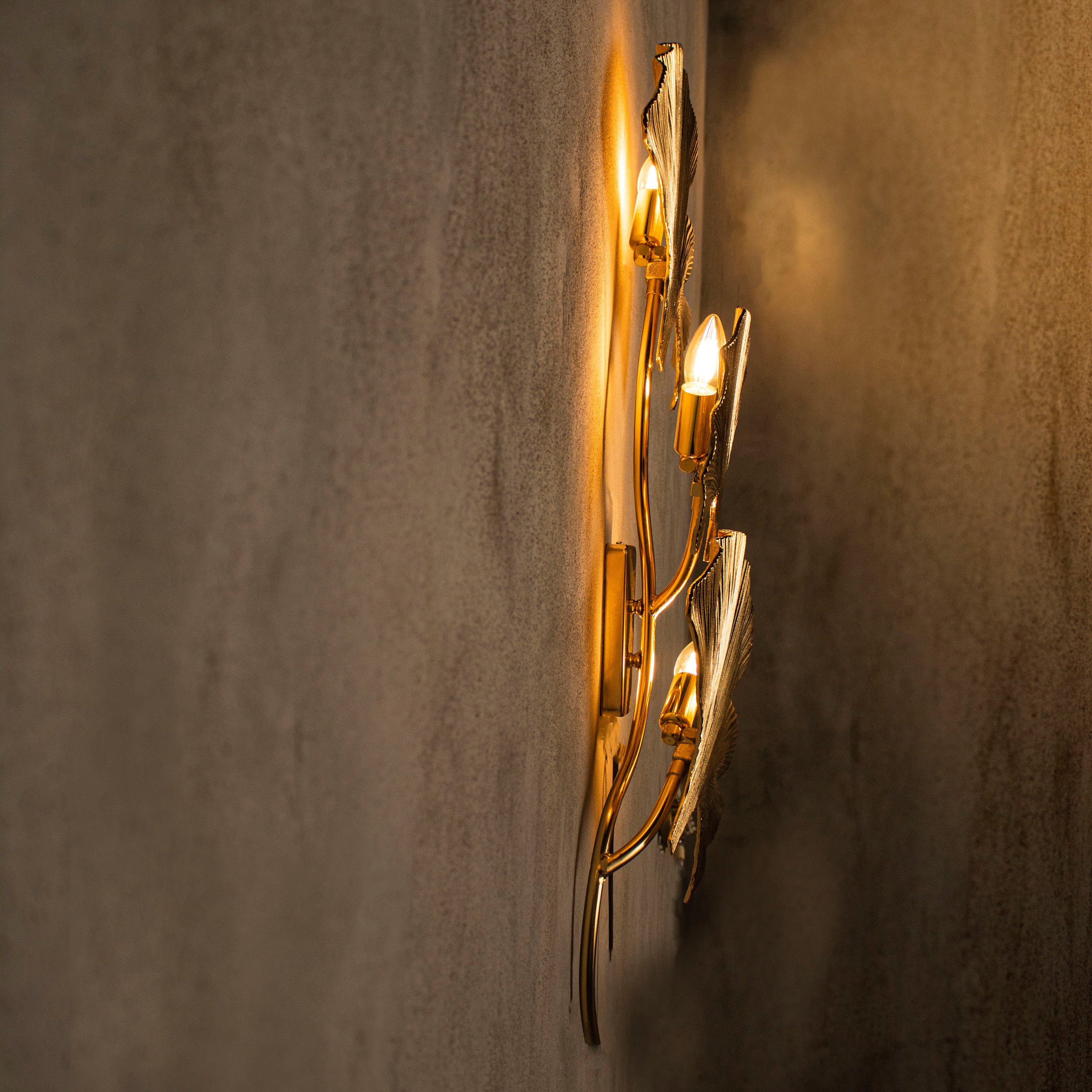 Astara Mid Century Triple Ginkgo Leaf Wall Sconce, Handmade Gold Lamp, Home Decor Lighting, Art Deco Wall Art Light - Heka Lighting & Trading Limited
