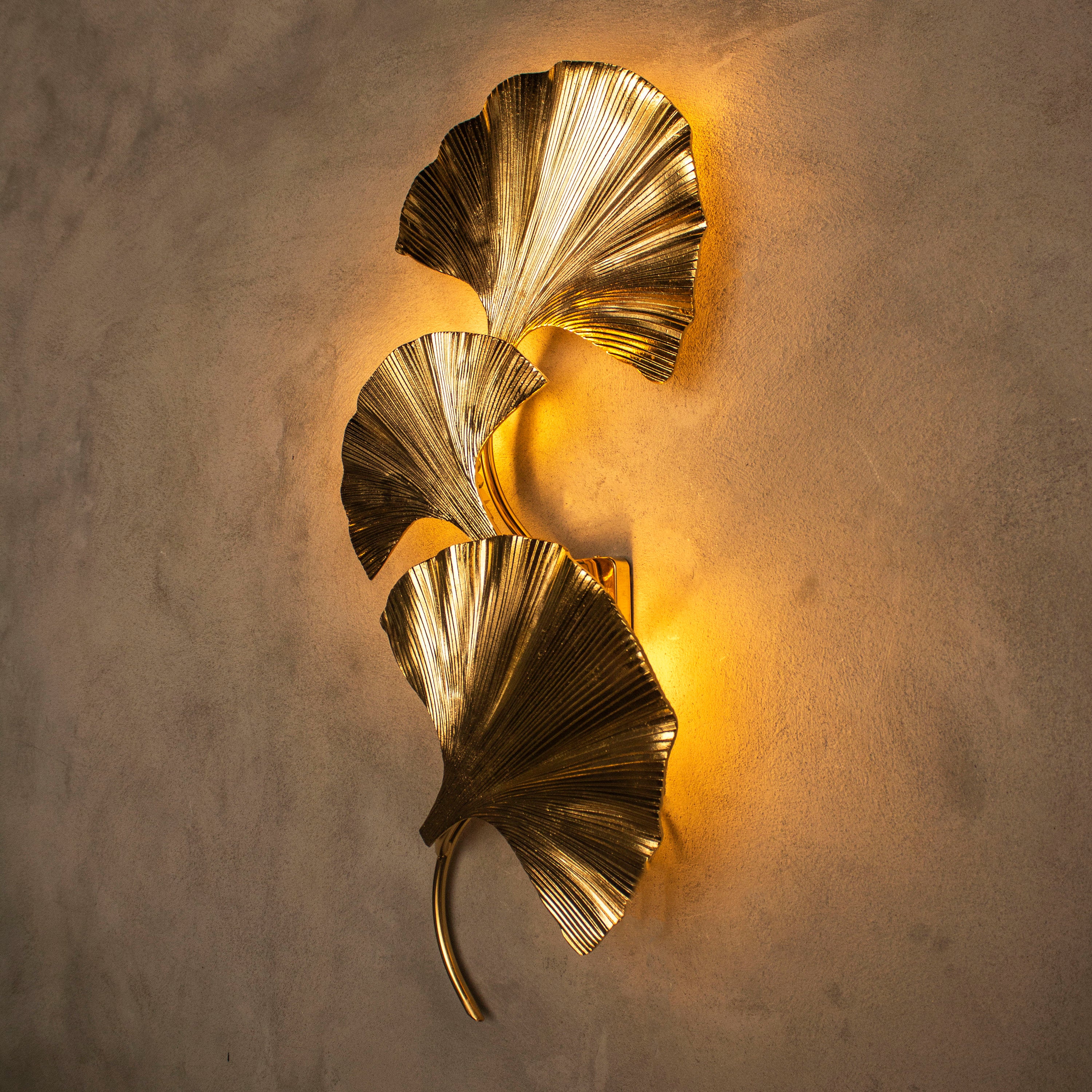 Astara Mid Century Triple Ginkgo Leaf Wall Sconce, Handmade Gold Lamp, Home Decor Lighting, Art Deco Wall Art Light - Heka Lighting & Trading Limited