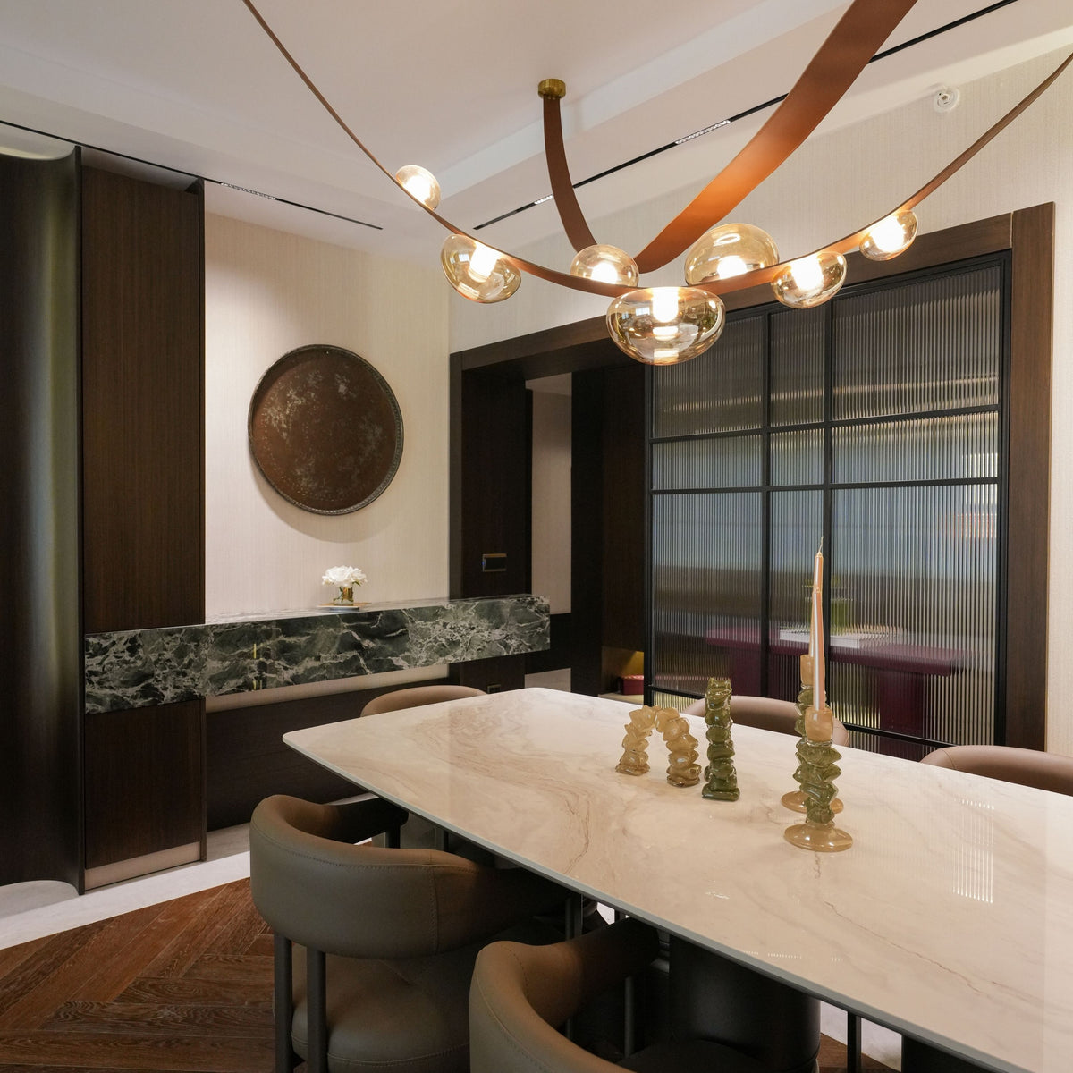 Labranda 7-Piece Honey Glass Brown Leather Belted Chandelier