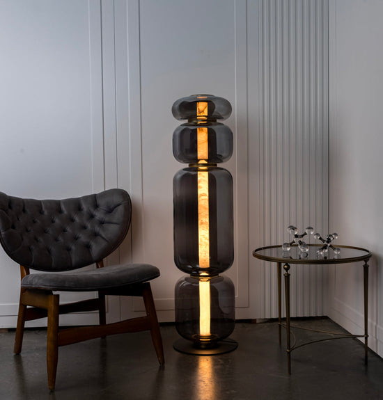 Seul Four Smoked Glass Antique Marble Floor Lamp | Modern Decorative Lighting For Homes & Hotels