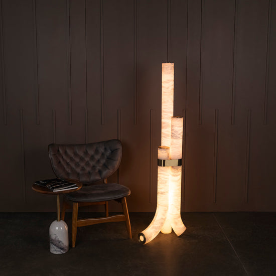 Capri Three Cylinder Marble Brushed Brass Led Floor Lamp