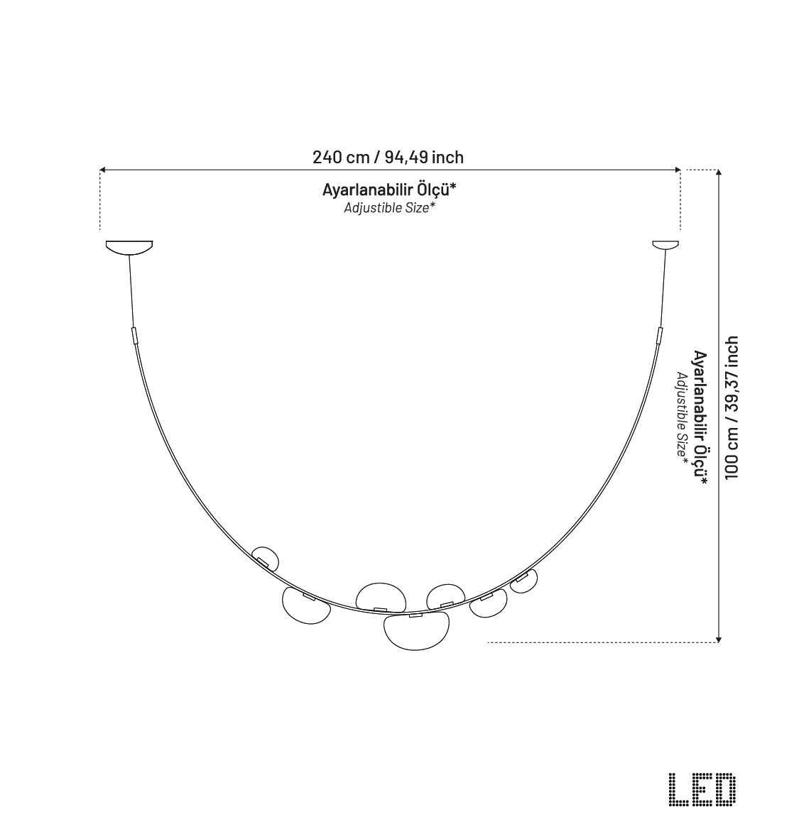 Technical line drawing of a curved LED light bar with dimension annotations showing a width of 240 cm (94.49 inches) and a height of 100 cm (39.