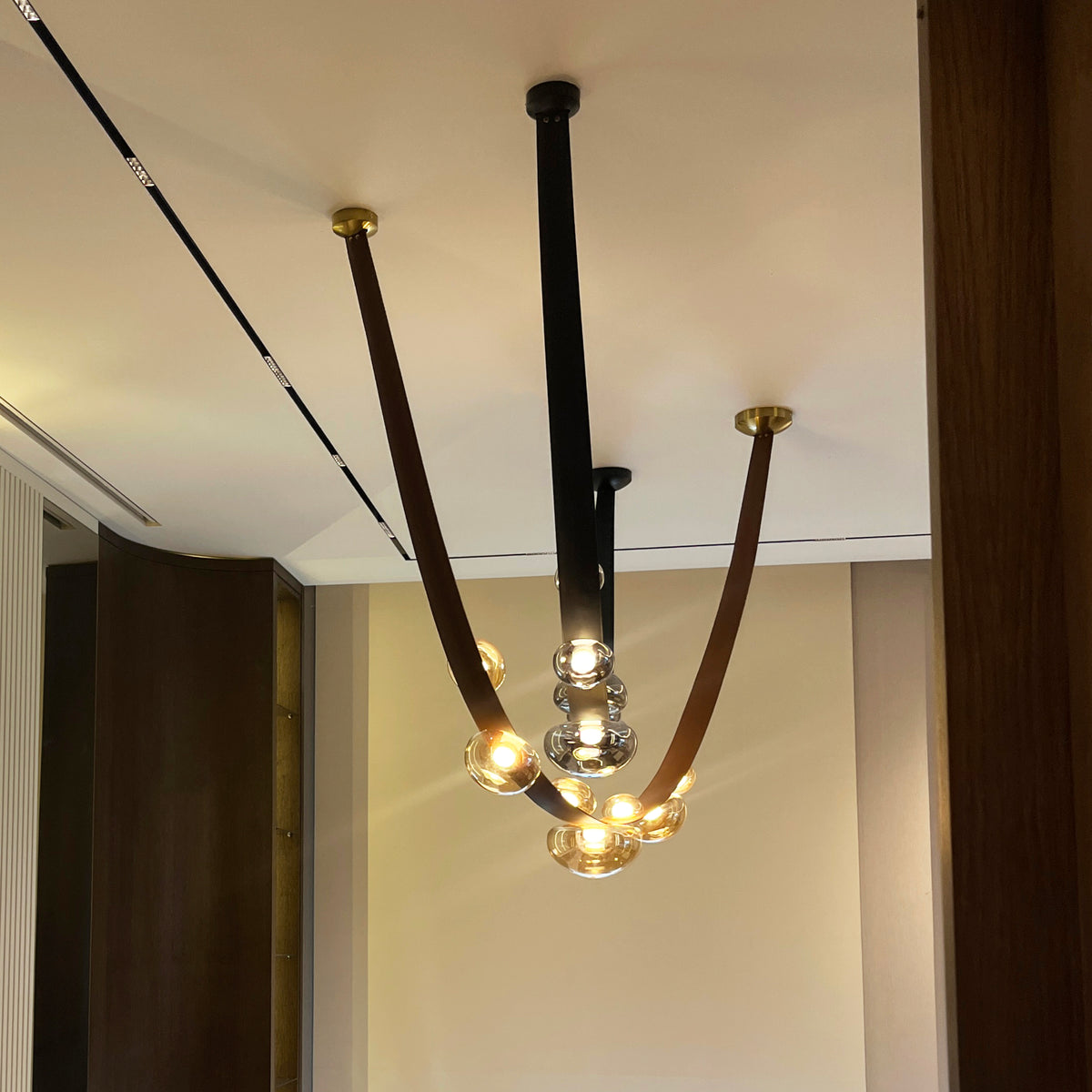 A modern ceiling-mounted chandelier with a black central rod, two curved brown leather-like arms, and multiple clear glass globes emitting warm light, shown installed in an interior room.