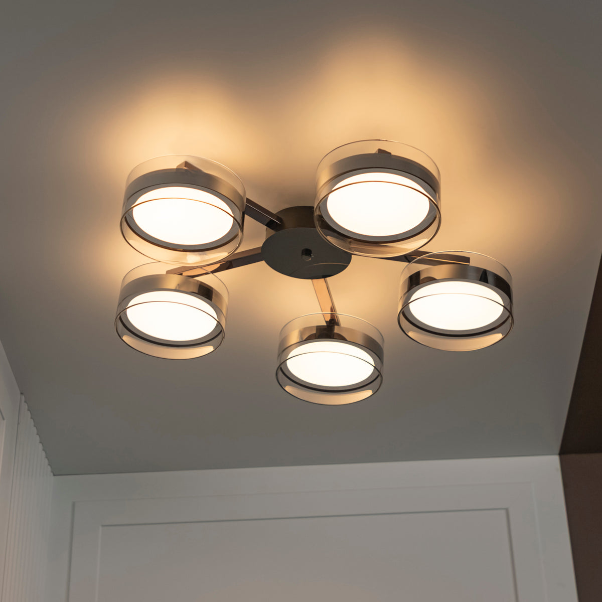 Berlin 5-Piece Platinum Stainless Transparent Glass Plafonier Chandelier
