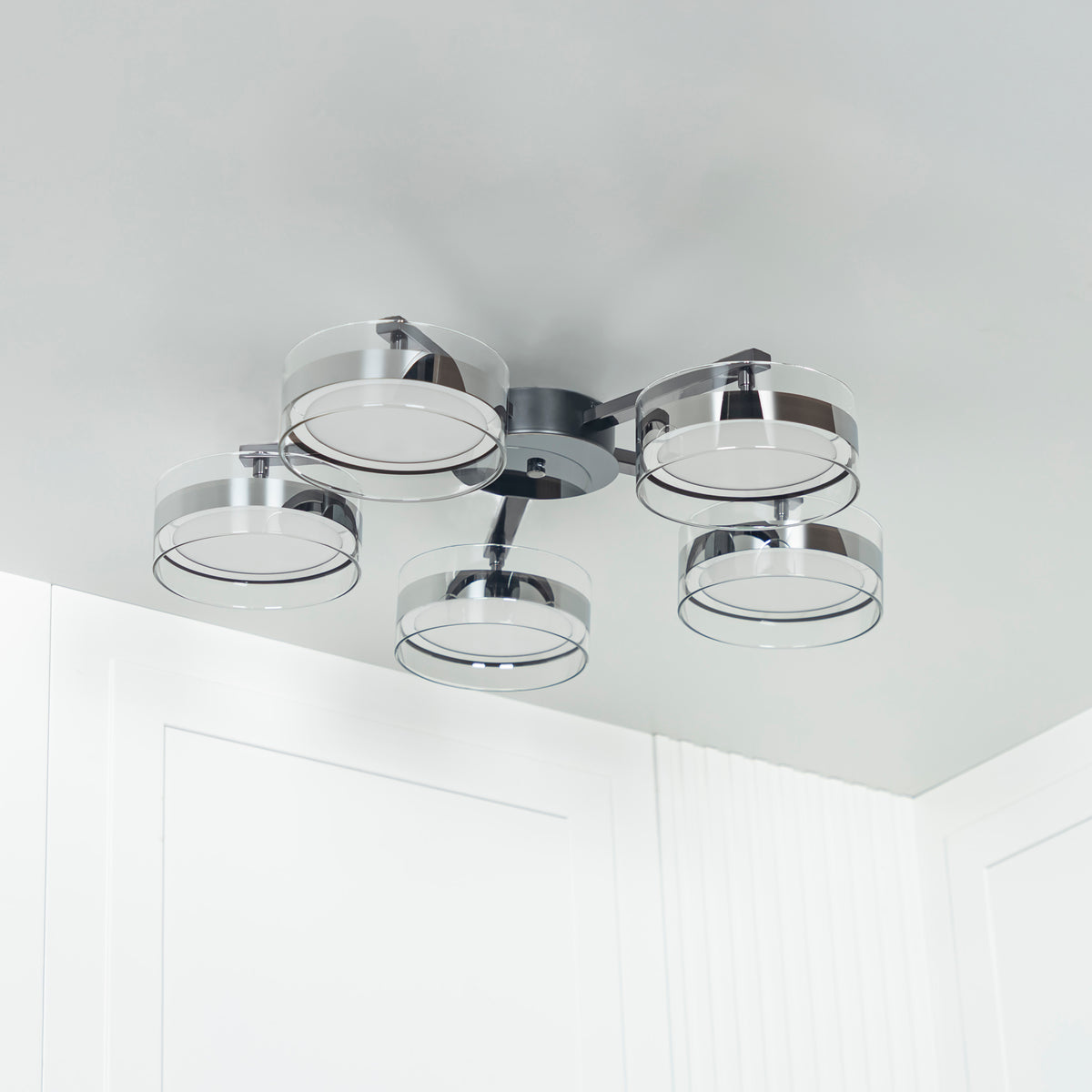 Berlin 5-Piece Platinum Stainless Transparent Glass Plafonier Chandelier