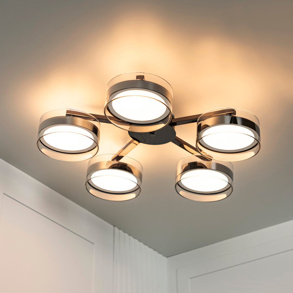 Berlin 5-Piece Platinum Stainless Transparent Glass Plafonier Chandelier