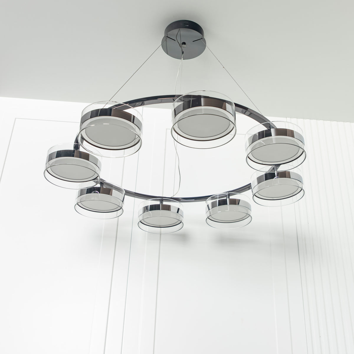 Berlin 8-Piece Platinum Stainless Transparent Glass Chandelier