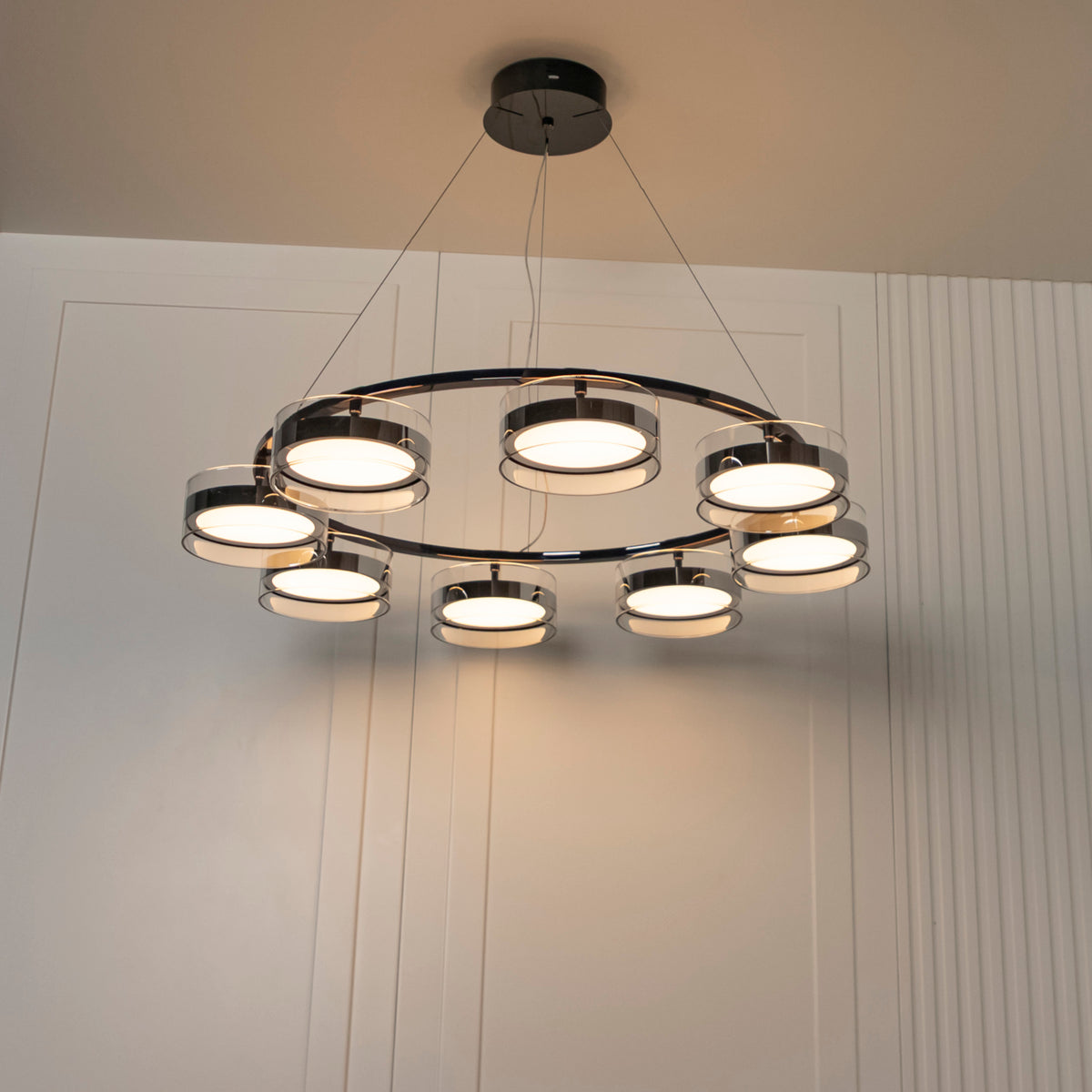 Berlin 8-Piece Platinum Stainless Transparent Glass Chandelier