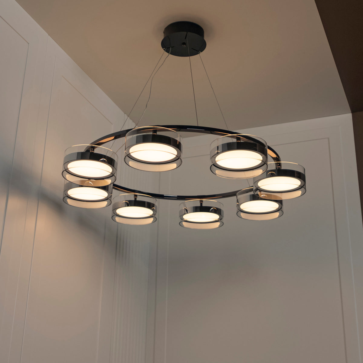 Berlin 8-Piece Platinum Stainless Transparent Glass Chandelier