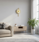 Modern living room with a beige sofa, wooden side table, and decorative wall light.
