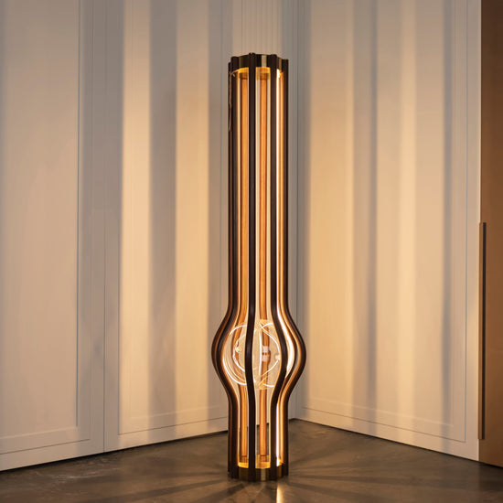 Naramata Wood Brushed Brass Brown Floor Lamp