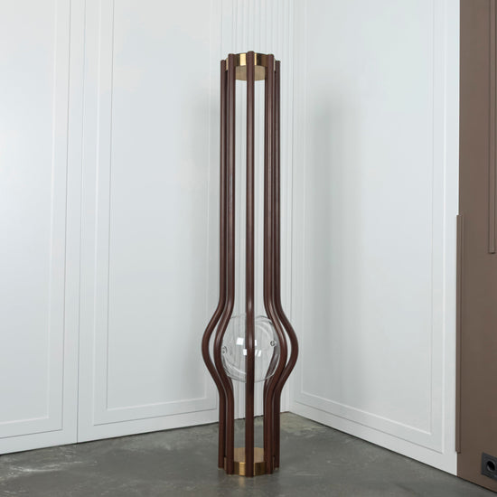 Naramata Wood Brushed Brass Brown Floor Lamp