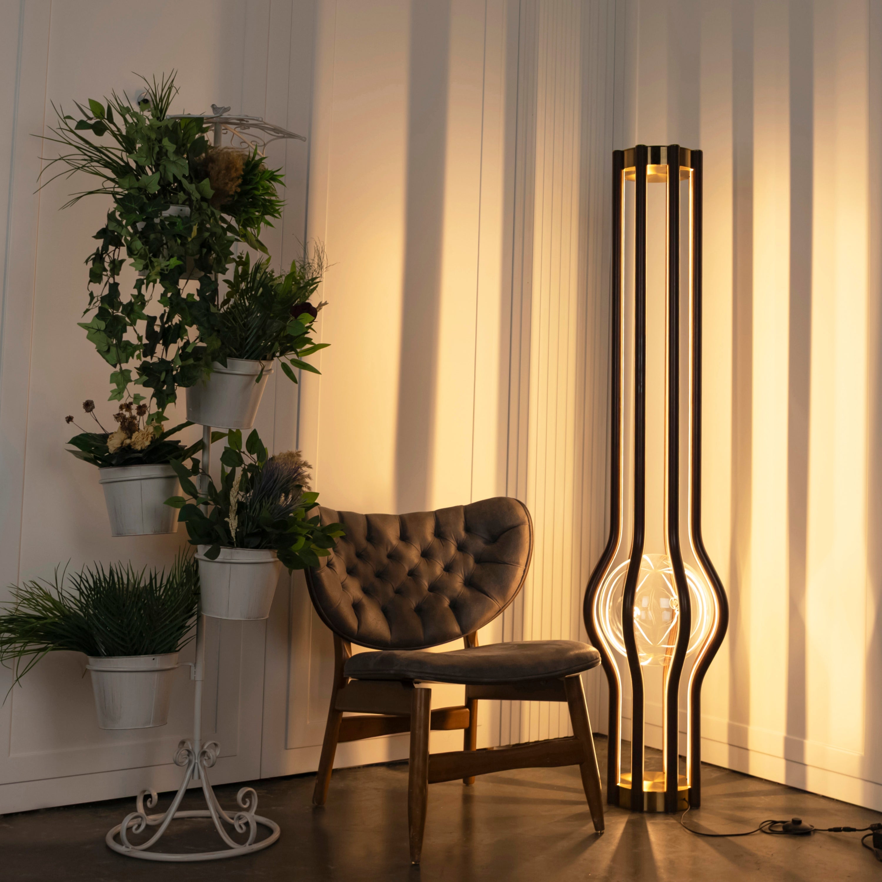 Naramata Wood Brushed Brass Brown Floor Lamp - Heka Lighting & Trading Limited