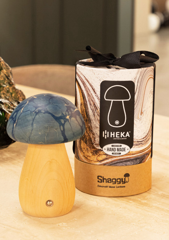 Shaggy Blue Classic Ebru Wood Mushroom Table Lamp - Heka Lighting & Trading Limited