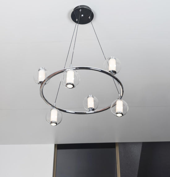 Bükreş 6-Piece Chrome Stainless Transparent Glass Chandelier 68 Cm