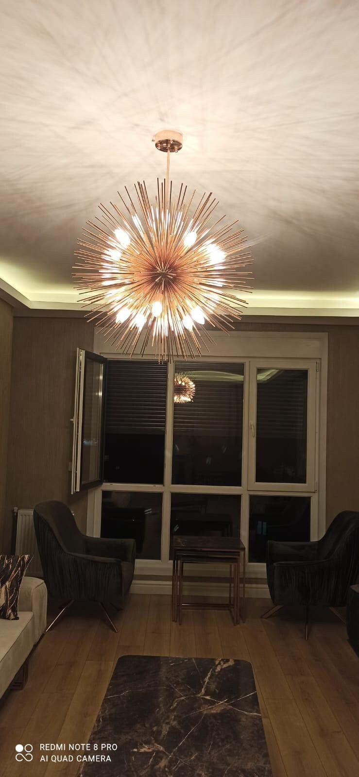 Brass Modern Style Sun Chandelier Lamp, Rose Gold Lighting, Art Deco Handmade Silver Pendant Lamp MODEL : OLIMPOS