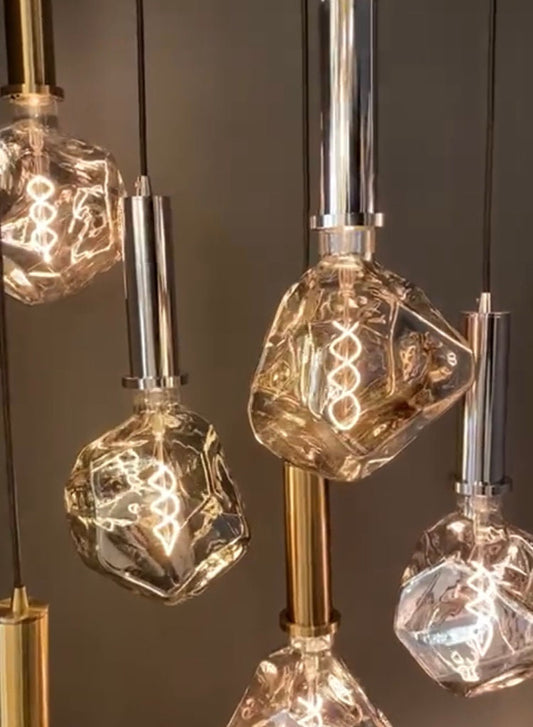 Modern Irregular Chandelier Pendant Lighting, Smoky Silver & Amber Blown Glass Dimmable Lamp