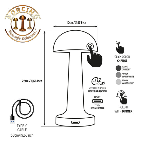 3 Color Mushroom Table Light, Touch-Sensitive Office Lamp, Dimmer Adjustable Desk Lighting Rechargeable Table Lamp MODEL: PORCINO