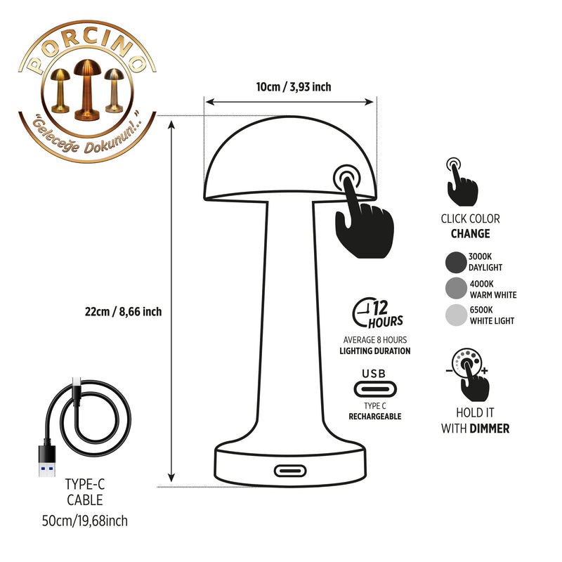 3 Color Mushroom Table Light, Touch-Sensitive Office Lamp, Dimmer Adjustable Desk Lighting Rechargeable Table Lamp MODEL: PORCINO