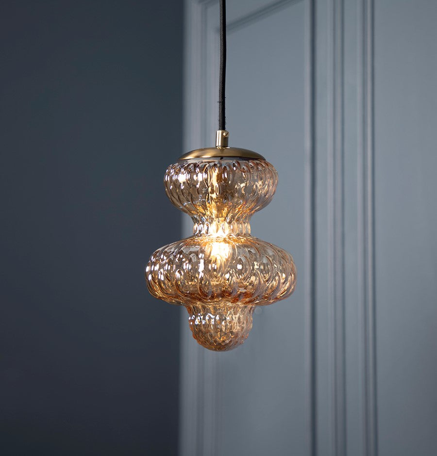 LANGE AMBER GLASS BRUSHED BRASS E14 PENDANT 20cm