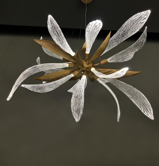 Oxford Brass Transparent Leaf Glass Chandelier 120 Cm