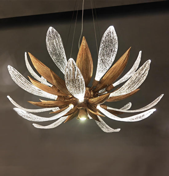 Oxford Brass Transparent Leaf Glass Chandelier 80 Cm
