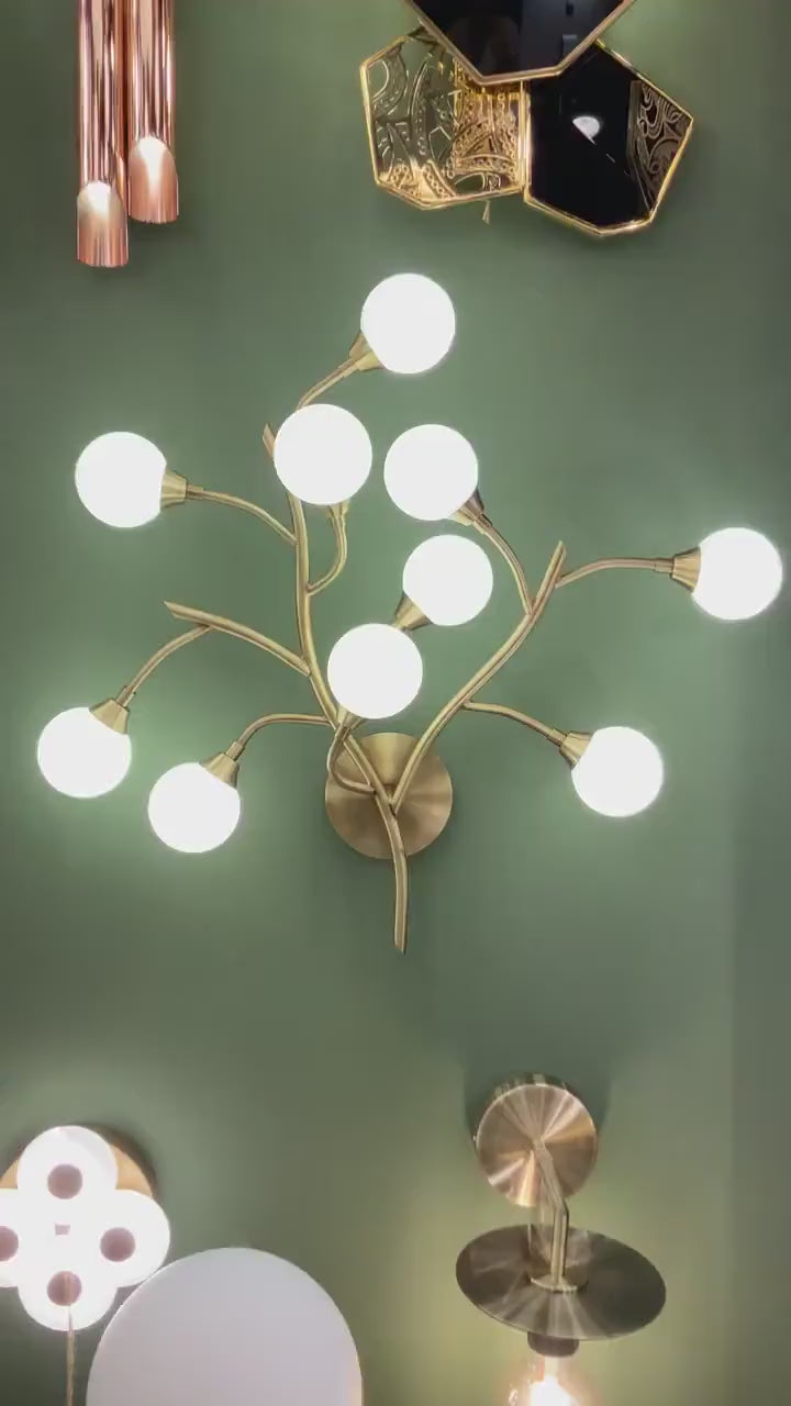 Brass Branches LED Sconce Lighting, Home Decor Chrome Hanging Light, Handmade Art Deco Housewarming Gift Wall Lamp Shade, MODEL : DEMET