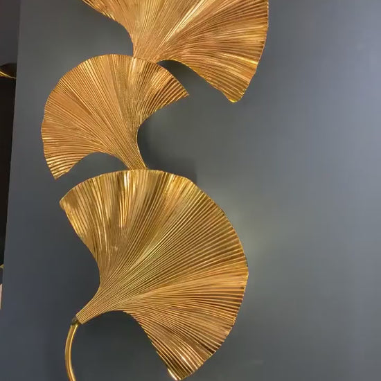 Mid Century Triple Ginkgo Leaf Wall Sconce, Handmade Gold Lamp, Home Decor Lighting, Art Deco Wall Art Light. MODEL : ASTARA