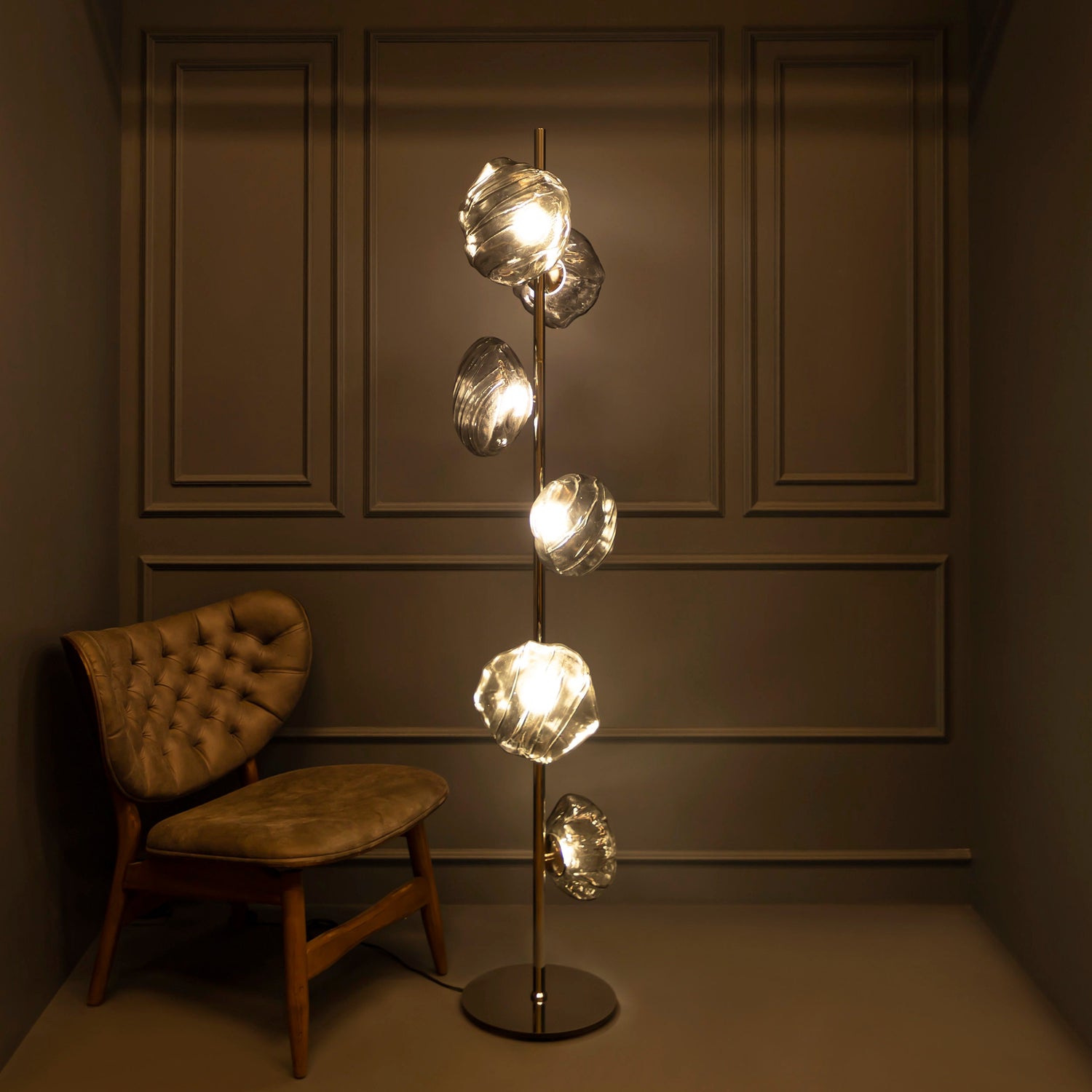 Smoky & Amber Glass Floor Lamp, Chrome or Brass Floor Lighting, Modern Home Decor Art Deco LED Light, Housewarming gift Lamp MODEL : HOBART