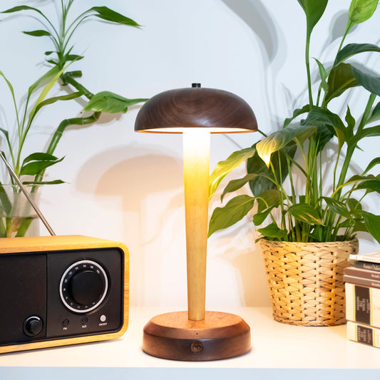 Wenge and Antique Oak Rechargeable Dimmable Table Lamp, Touch-Sensitive Mushroom Desk Lighting, Light for Restaurant Model: PORTOBELLO