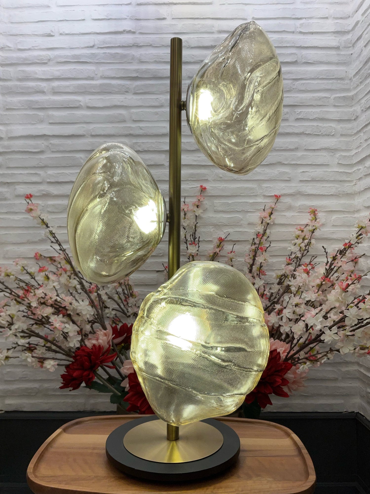 Three Smoky & Amber Glasses Table Lamp, Art Deco Handmade Chrome Lighting, Home Decor Brass Table Light, Bedside Lamp, MODEL : HOBART